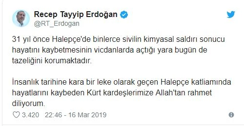 Cumhurbaşkanı Erdoğan'dan Halepçe katliamı mesajı